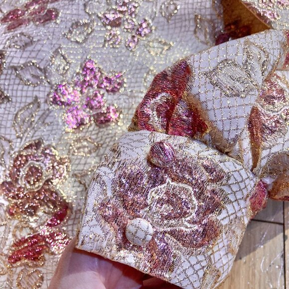 Vtg 60s 70s Maxi Hostess Dress Gown Pink Gold Floral Holiday Brocade Formal L - Picture 4 of 6